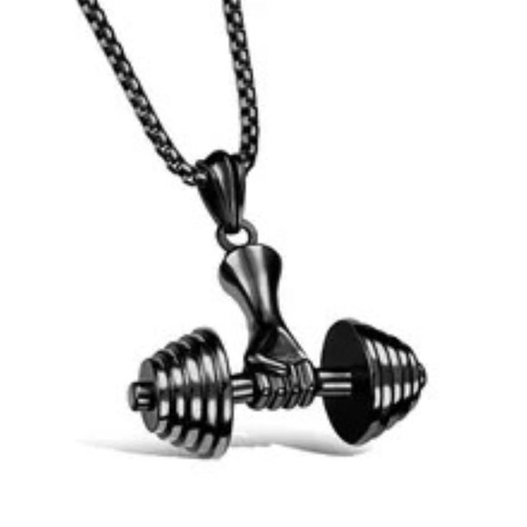 Plated Barbell Gym Weightlifting Exercise‎ Hand Dumbbell Pendant Necklace Black - Picture 1 of 5